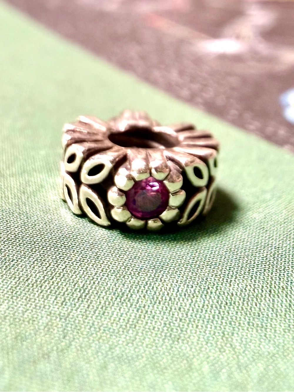 Pandora Silver Floral Spacer Charm with Purple Stone